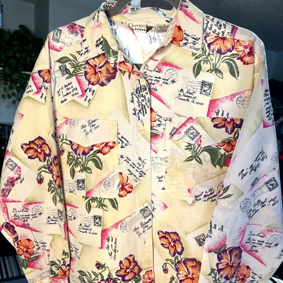 VTG Clementine Hibiscus & Mail 100% Cotton Long-Sleeve Button-Up SZ Medium - Picture 1 of 4